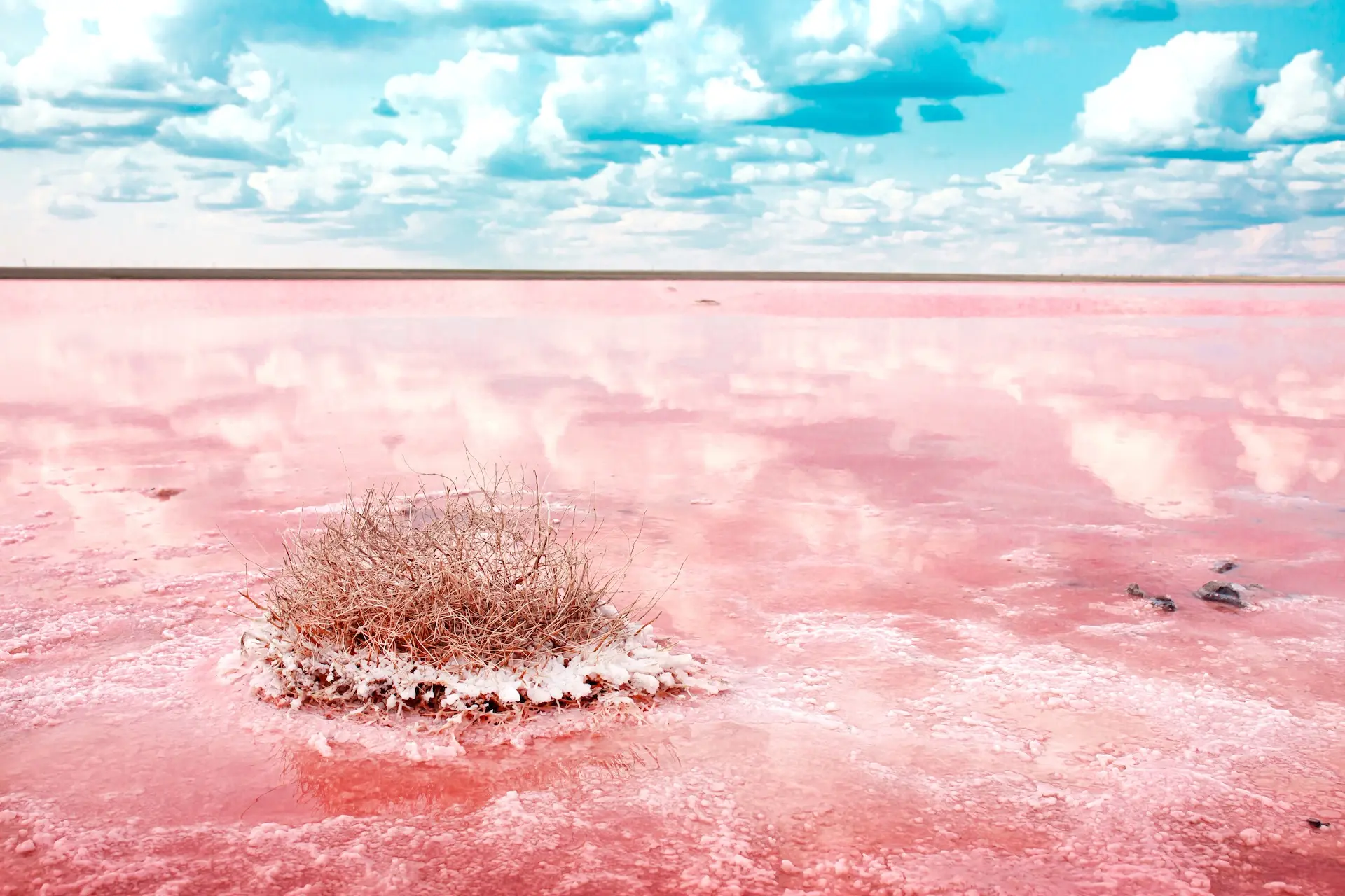 In het droogseizoen kleurt het meer rood en raakt het bedekt met zout. Foto: Vera Larina / Shutterstock