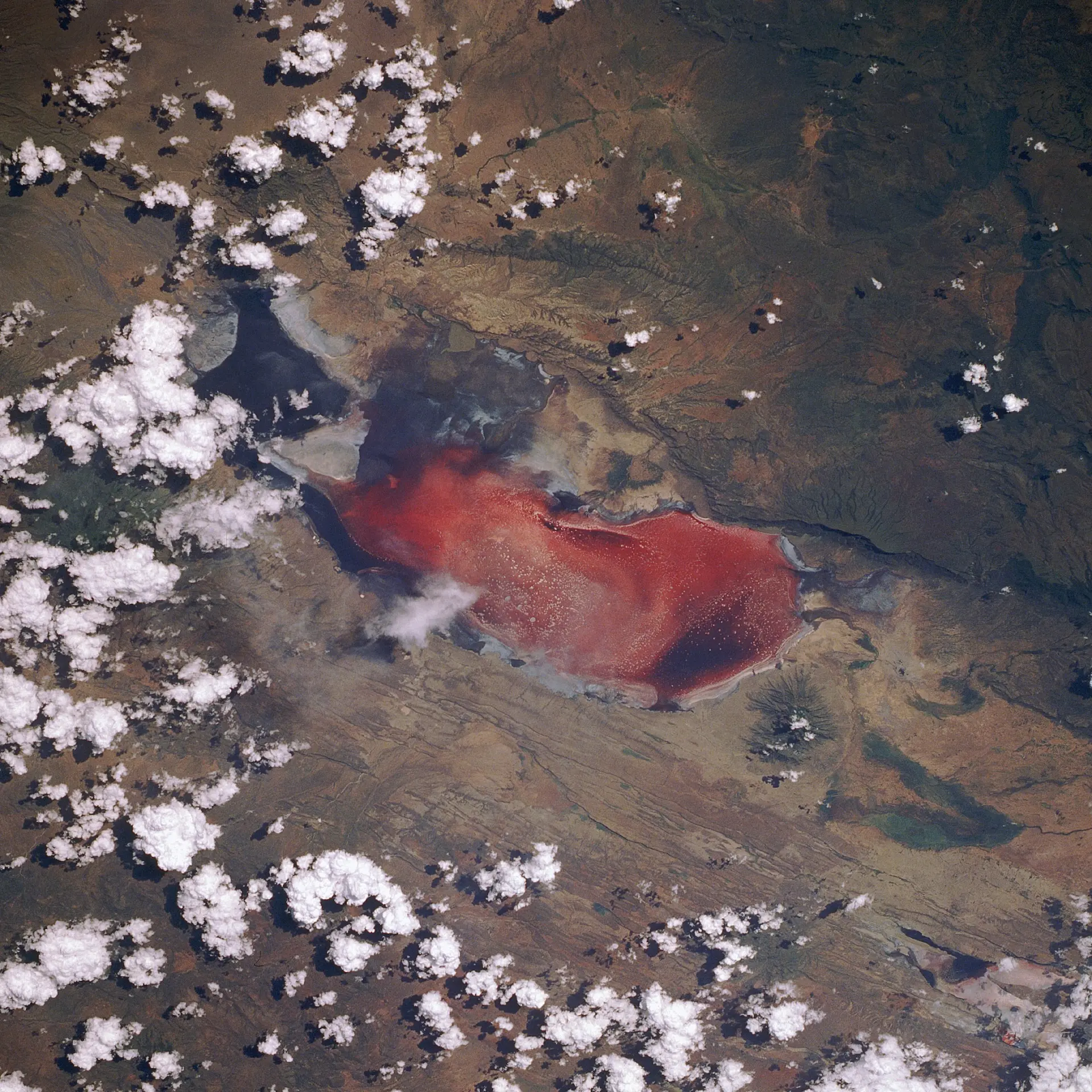 Het Natronmeer, soms "the deadly red lake" genoemd, gezien vanuit de spaceshuttle Discovery tijdens missie STS-29. Foto: NASA