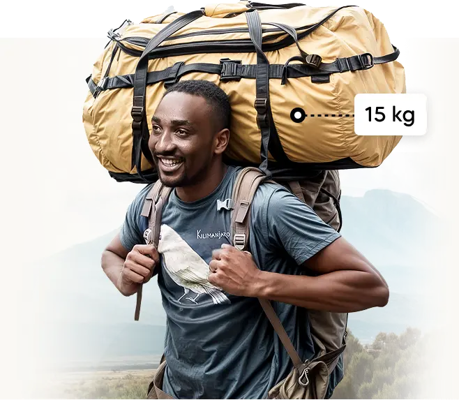 Kilimanjaro-drager met een expeditie-duffeltas van 15 kg Kilimanjaro-drager met een expeditie-duffeltas van 15 kg